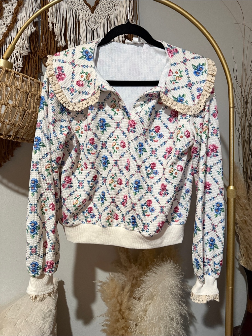 Floral Waffle-Knit Long Sleeve Top with Frilled Collar - Cream